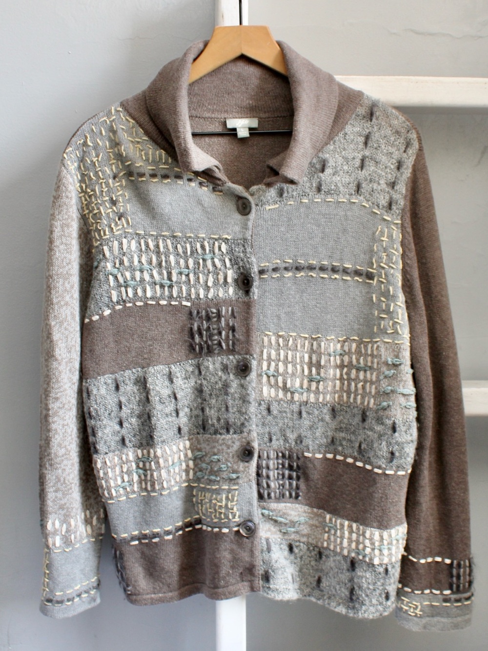 J. Jill Button-Front Patchwork Wool-Blend Textured Sweater Brown Gray Size Large